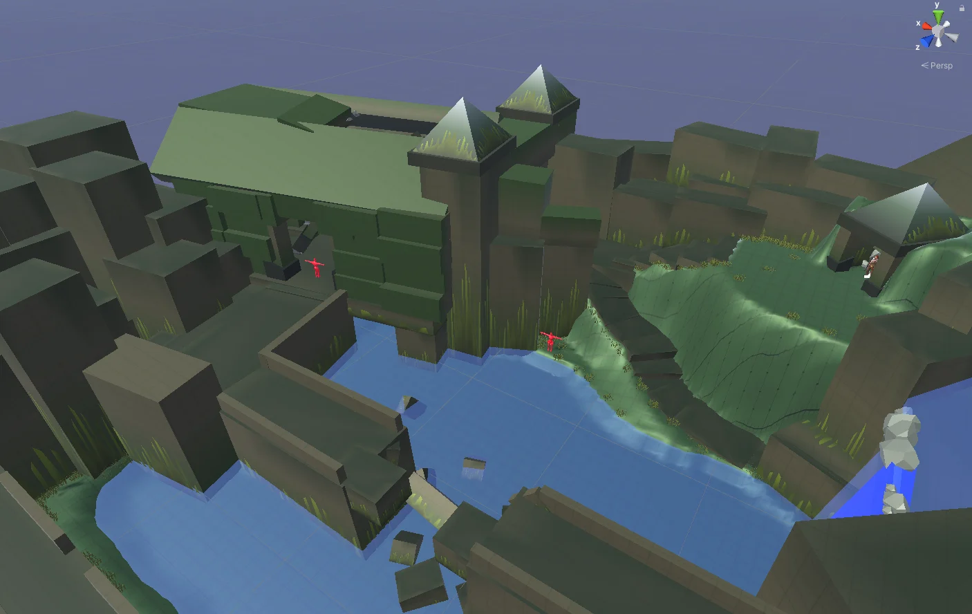 Future Ruins blockout overview with a central river and structures