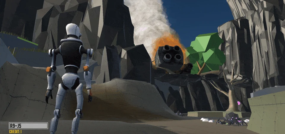 A robot character in Michael's rocky, low-poly Star Wars inspired prototype level